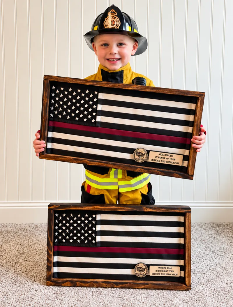 Jared’s son in a firefighter outfit holding custom fire hose closing gift flags